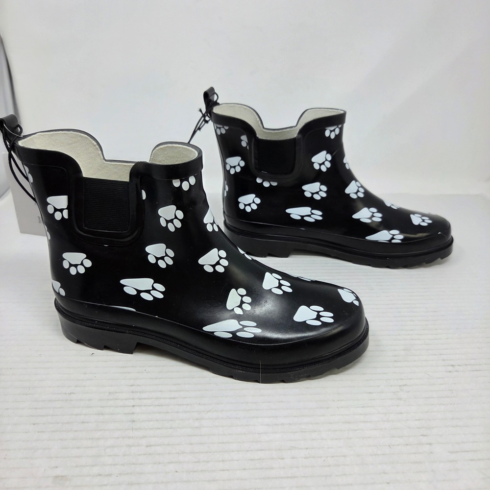Norty Rain Boots Women 8 Black Paw Print Waterproof Chelsea Lug Sole 654 NWT - Picture 10 of 16